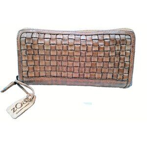 ZOA Wallet Cards Coin Purse Genuine Brown Leather Woven Design Zip Around Clutch